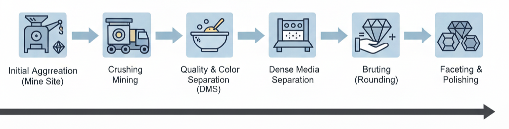 A simplified flowchart of the diamond supply chain process. The first step is labeled "Initial Aggregation (Mine Site)," followed by Crushing, Separation, and Polishing, visually emphasizing that stones are mixed together at the start of the process