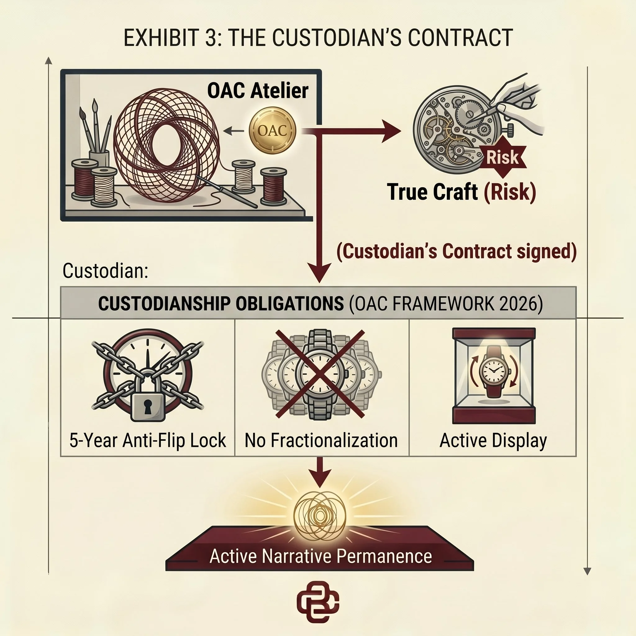 3: The Custodian's Contract within the OAC framework. It maps the workflow from OAC Atelier and True Craft (Risk) to Custodiandship Obligations.