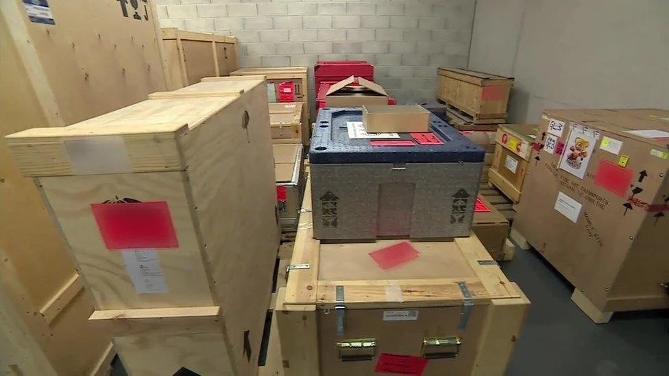 A stark, concrete-walled art storage warehouse filled with stacked wooden shipping crates, climate-controlled transport cases, and labeled storage containers, exemplifying corporate art held in institutional dormancy.