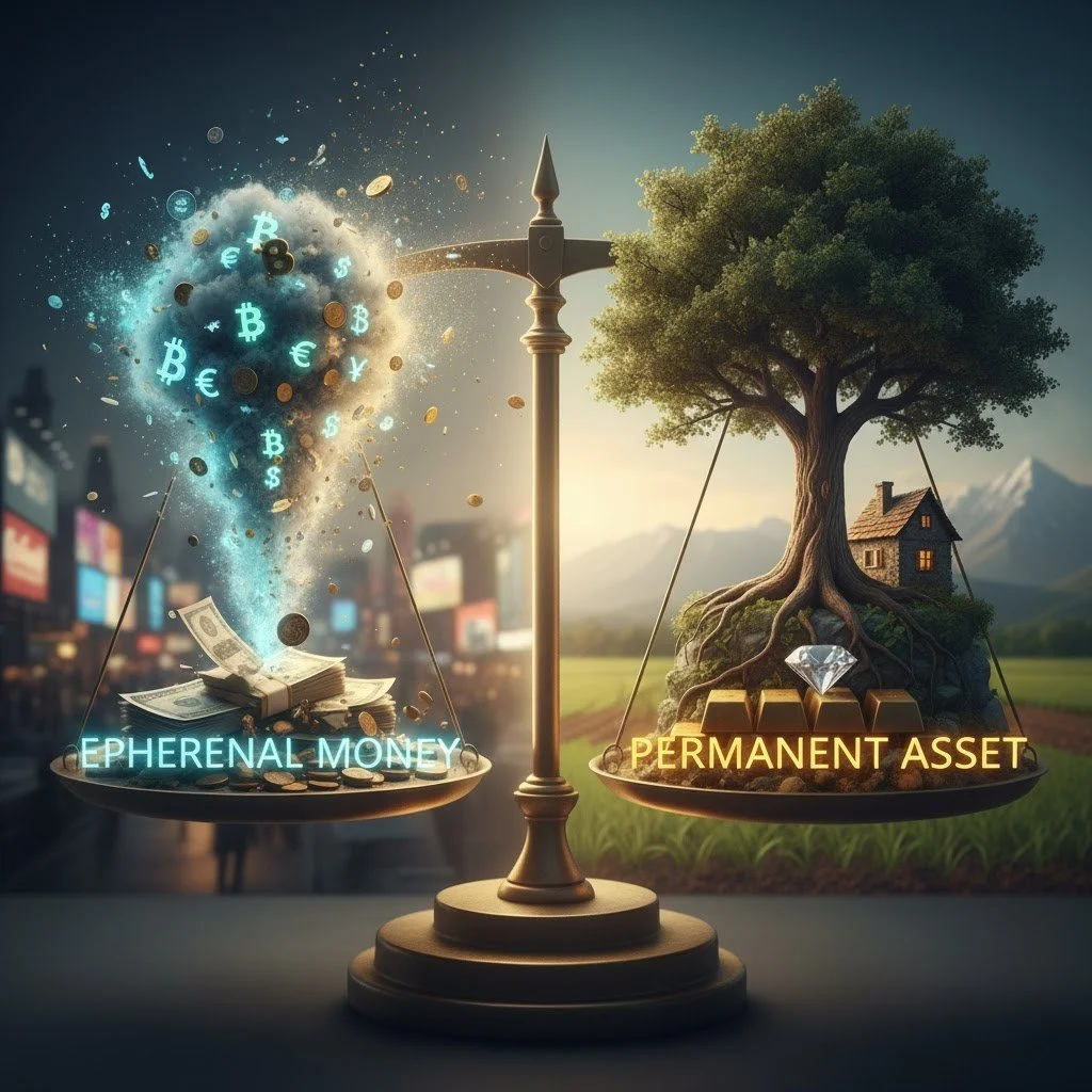 A conceptual image of a large brass scale weighing 'Ephemeral Money' (cash, crypto) against 'Permanent Asset' (land, gold, property), with the permanent assets weighing more.