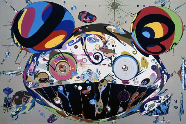 A vibrant painting by Takashi Murakami, Tan Tan Bo, exemplifying his Superflat theory, which collapses high and low culture with its complex, colorful, anime-inspired forms.