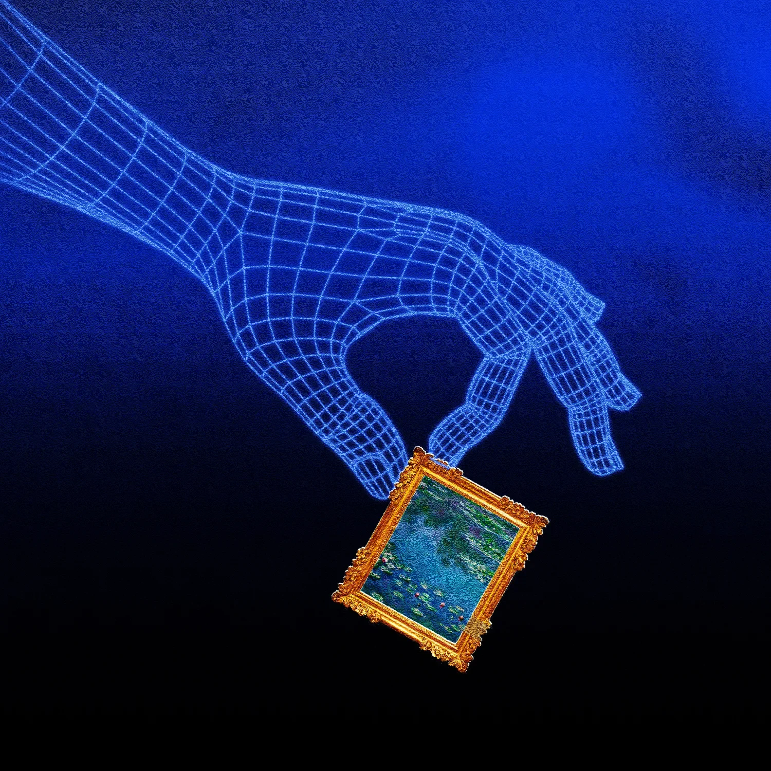 A conceptual image illustrating the "mass theft" of AI data scraping, showing a blue wireframe hand stealing a classic painting. This is contrasted in the text with the ethical, transparent methods of Post-Luxury Conceptual Functional Art.