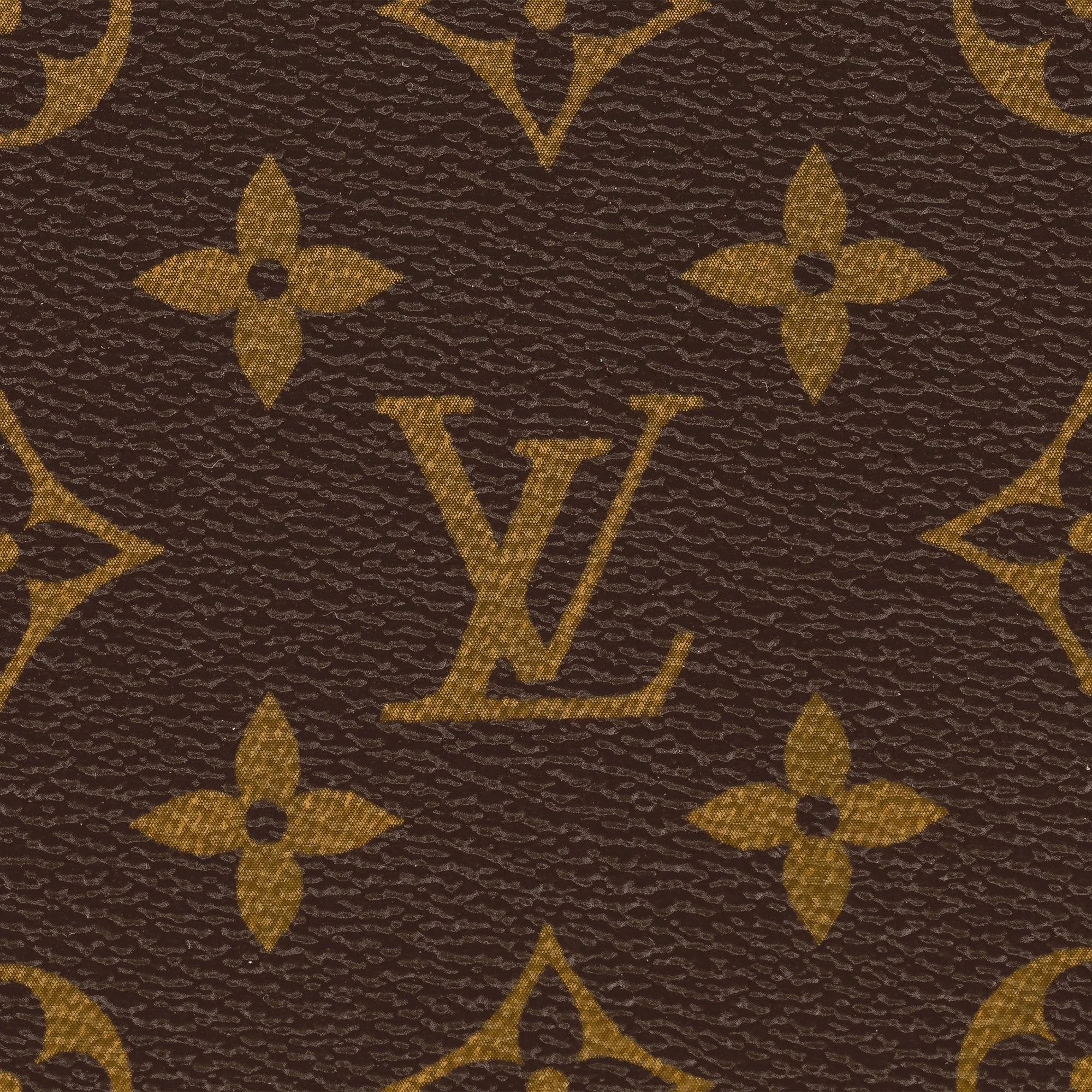 A close-up of the iconic brown Louis Vuitton monogram pattern, featuring interlocking L and V initials and floral motifs, representing luxury brand symbolism.
