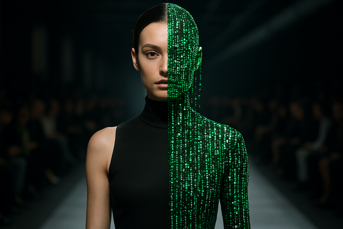 A high-fashion model on a runway with half of her face and body transformed into a glowing green digital matrix of binary-style code, representing the intersection of human identity and algorithmic perfection.