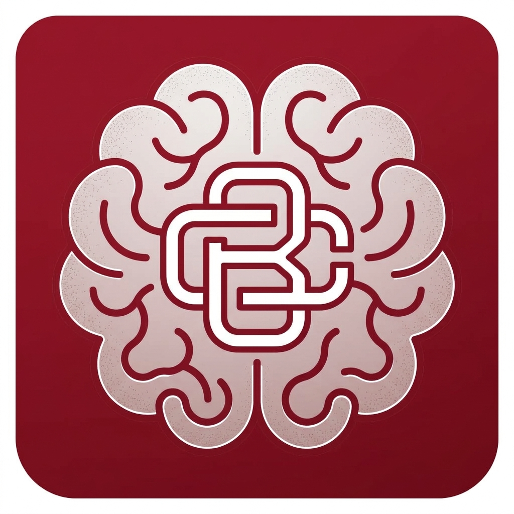 A burgundy app icon for the android interface that is square with a brain, flat image and the stylized CB monogram for Objects of Affection collection