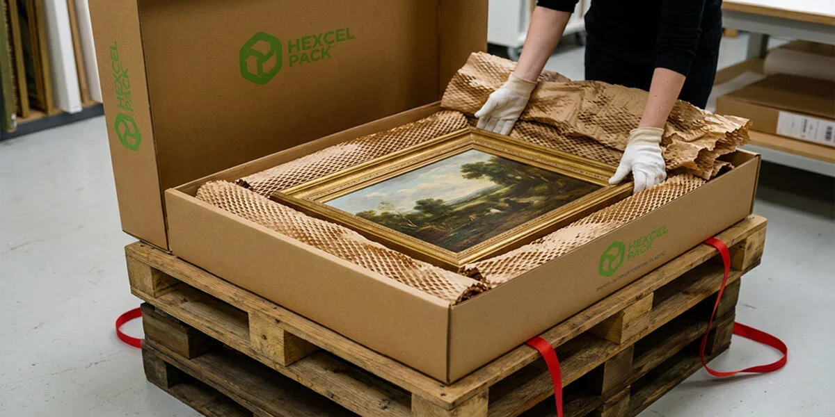 A classical landscape painting being packed into a HexcelPack shipping crate, representing the privatization and transit of cultural assets into the Dark Mode economy.