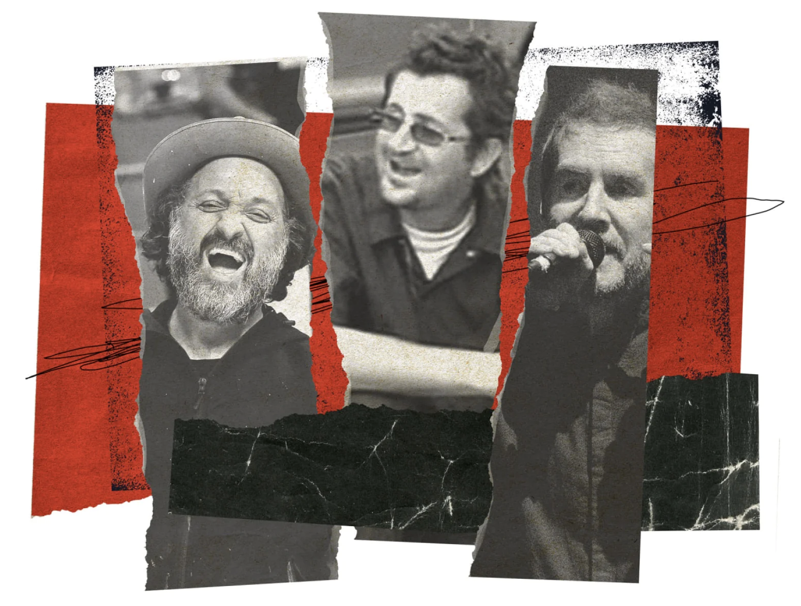 A torn-paper style collage featuring the faces of Robin Gunningham, Robert Del Naja, and other suspected identities, representing the Liquidation of the Simulacrum and the Semantic Burden in the PLCFA framework.