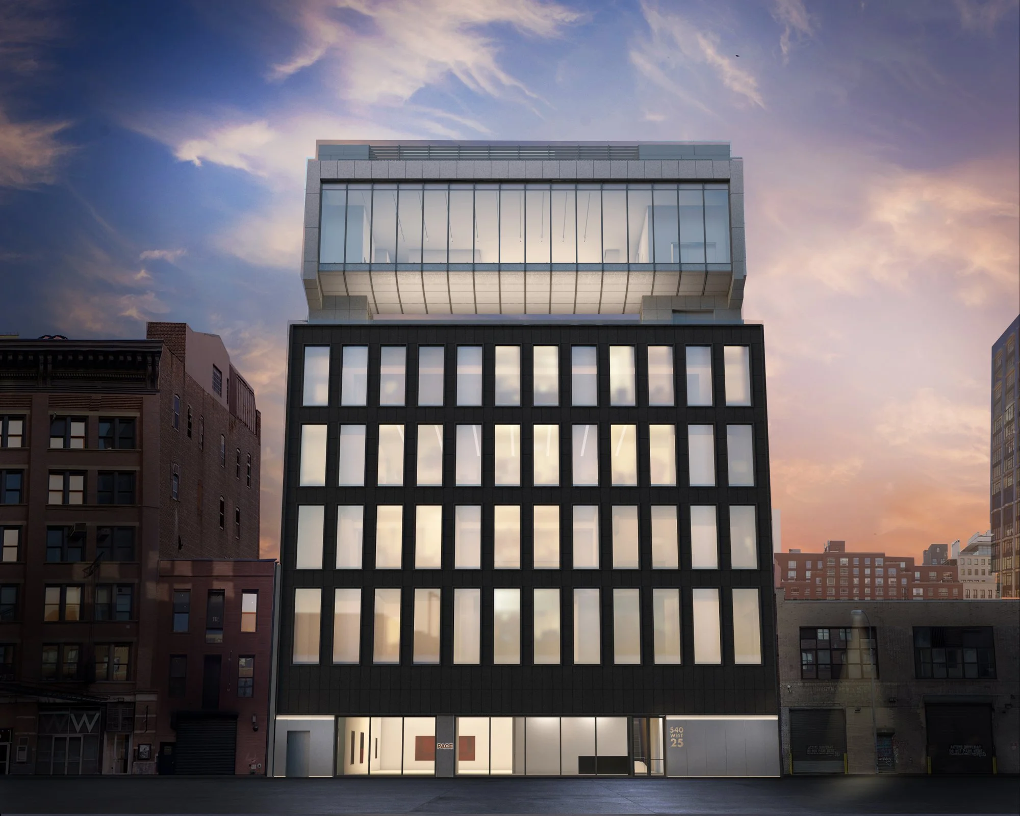 The monolithic, eight-story glass and volcanic stone facade of the Pace Gallery flagship building on West 25th Street in Chelsea, New York.