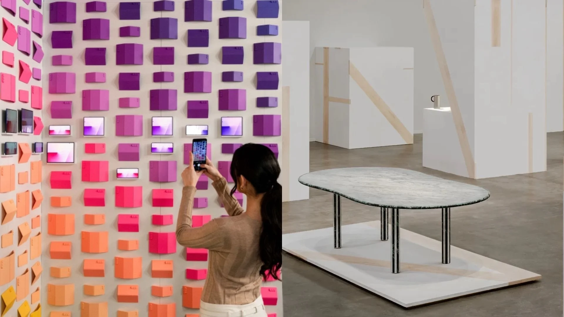 A side-by-side comparison of a digital multi-sensory exhibit with a person taking a photo of colored wall modules and a minimalist stone table in a quiet, white-walled gallery space.