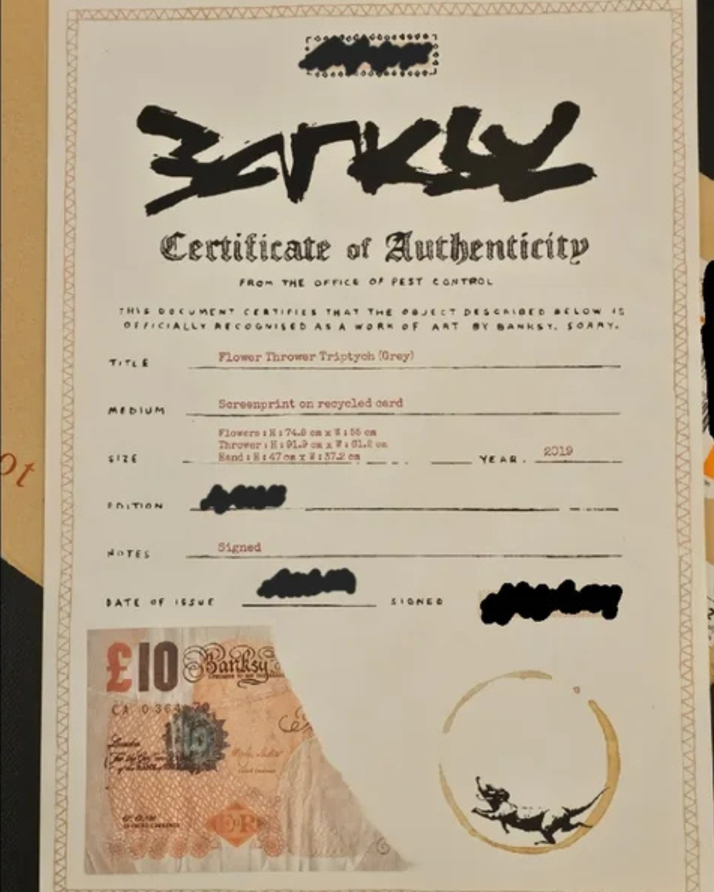 A Banksy certificate of authenticity from Pest Control