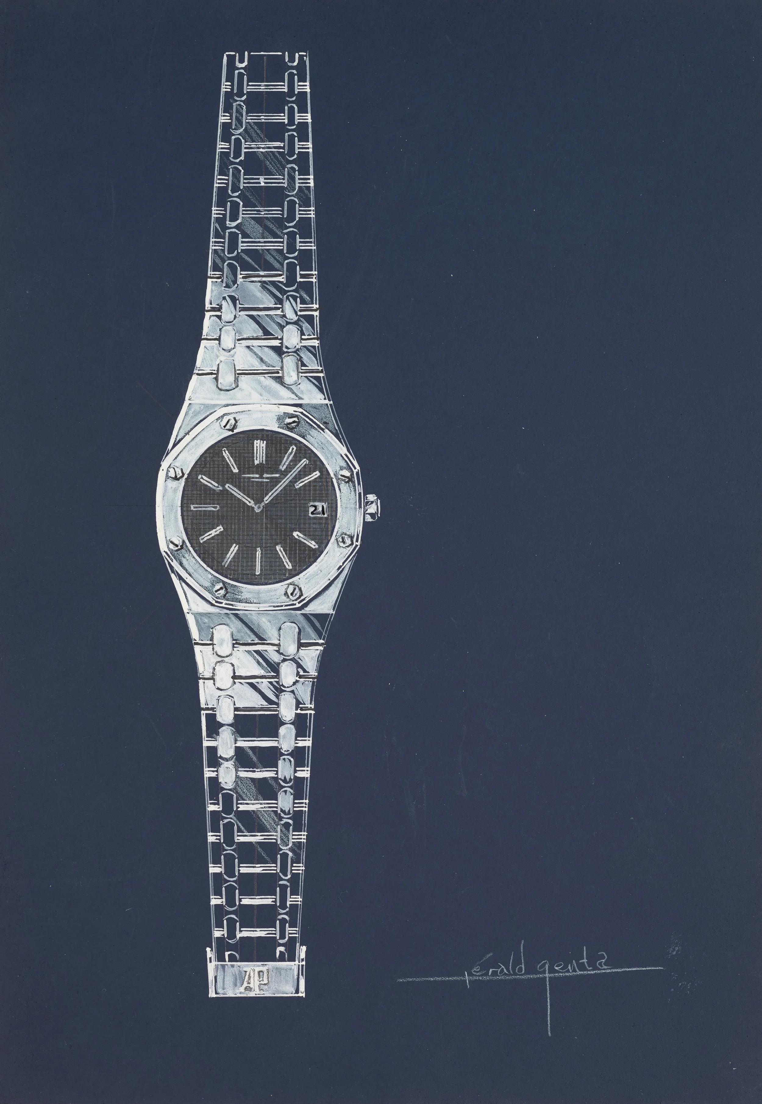 Gérald Genta's original 1971 technical drawing and architectural blueprint for the Audemars Piguet Royal Oak, on a dark blue archival background.