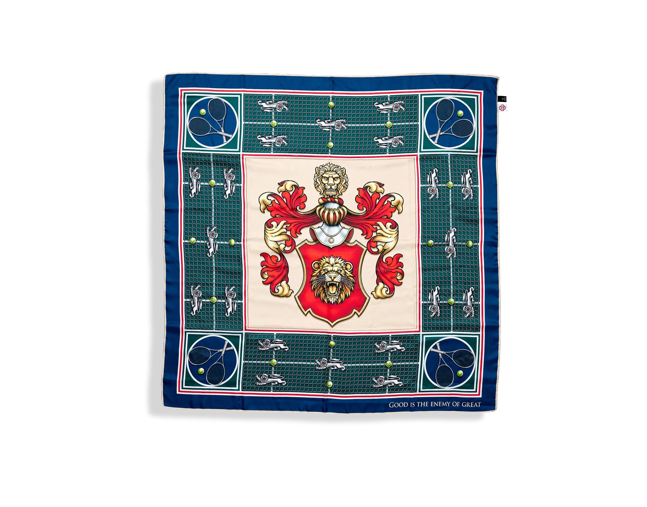 A museum-grade archival photograph of the Court of Tenacity silk scarf, showcasing the heraldic lion crest, symmetric tennis court geometry, and the motto "Good is the enemy of great" on 14 Momme silk twill.