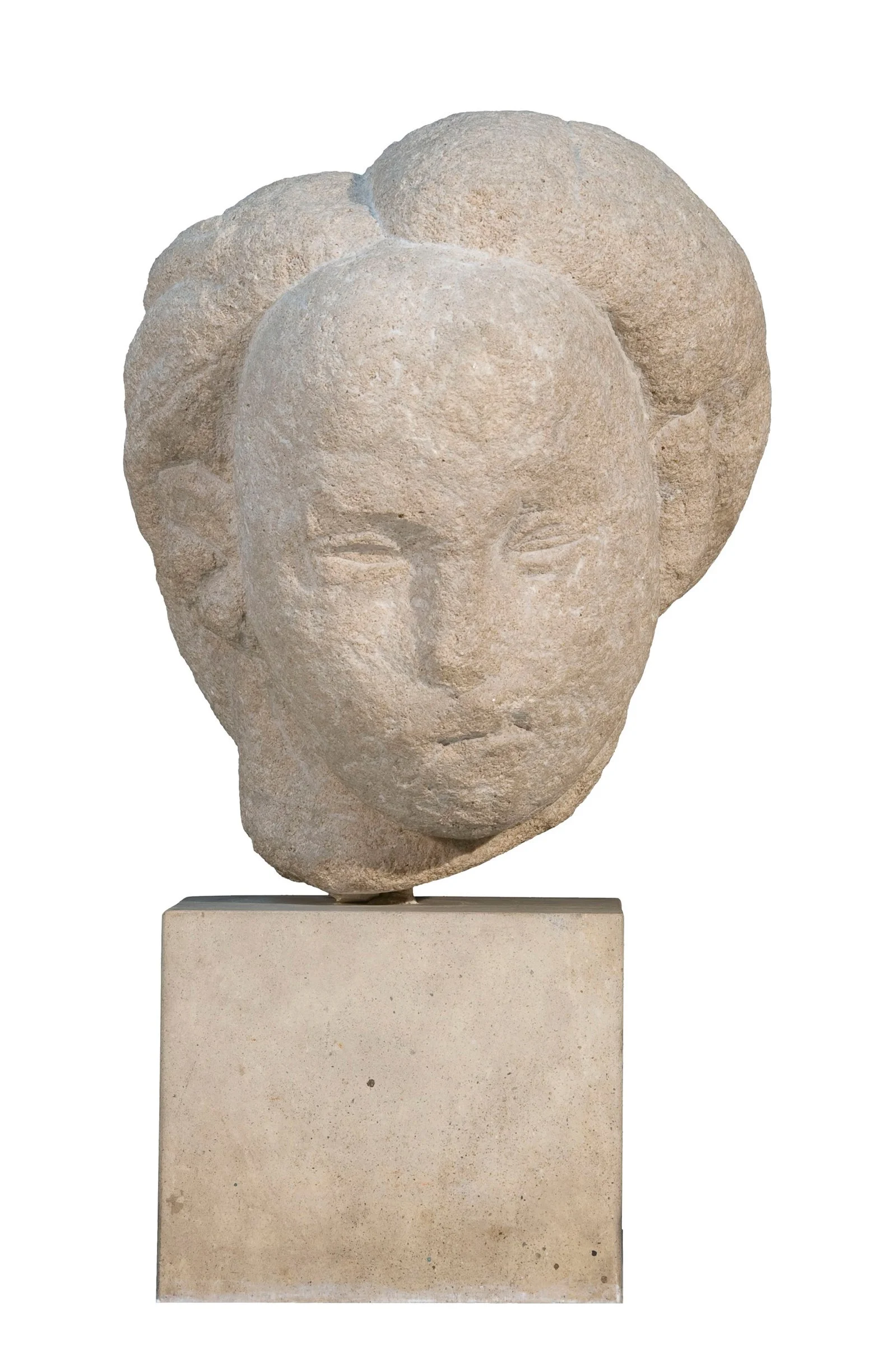 A carved stone head sculpture by Constantin Brancusi titled Danaïde, featuring stylized, minimalist facial features and hair swept into a large bun, mounted on a square stone pedestal against a solid white background.