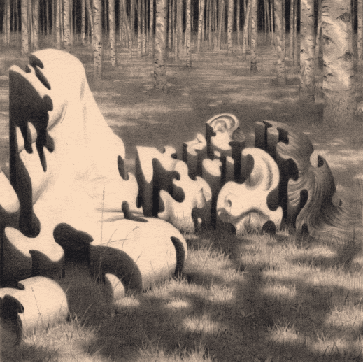 Conceptual monochrome illustration depicting a large, fragmented figure lying in a birch forest, symbolizing the constructed 'self as an object' and the fragmented nature of the parasocial brand.