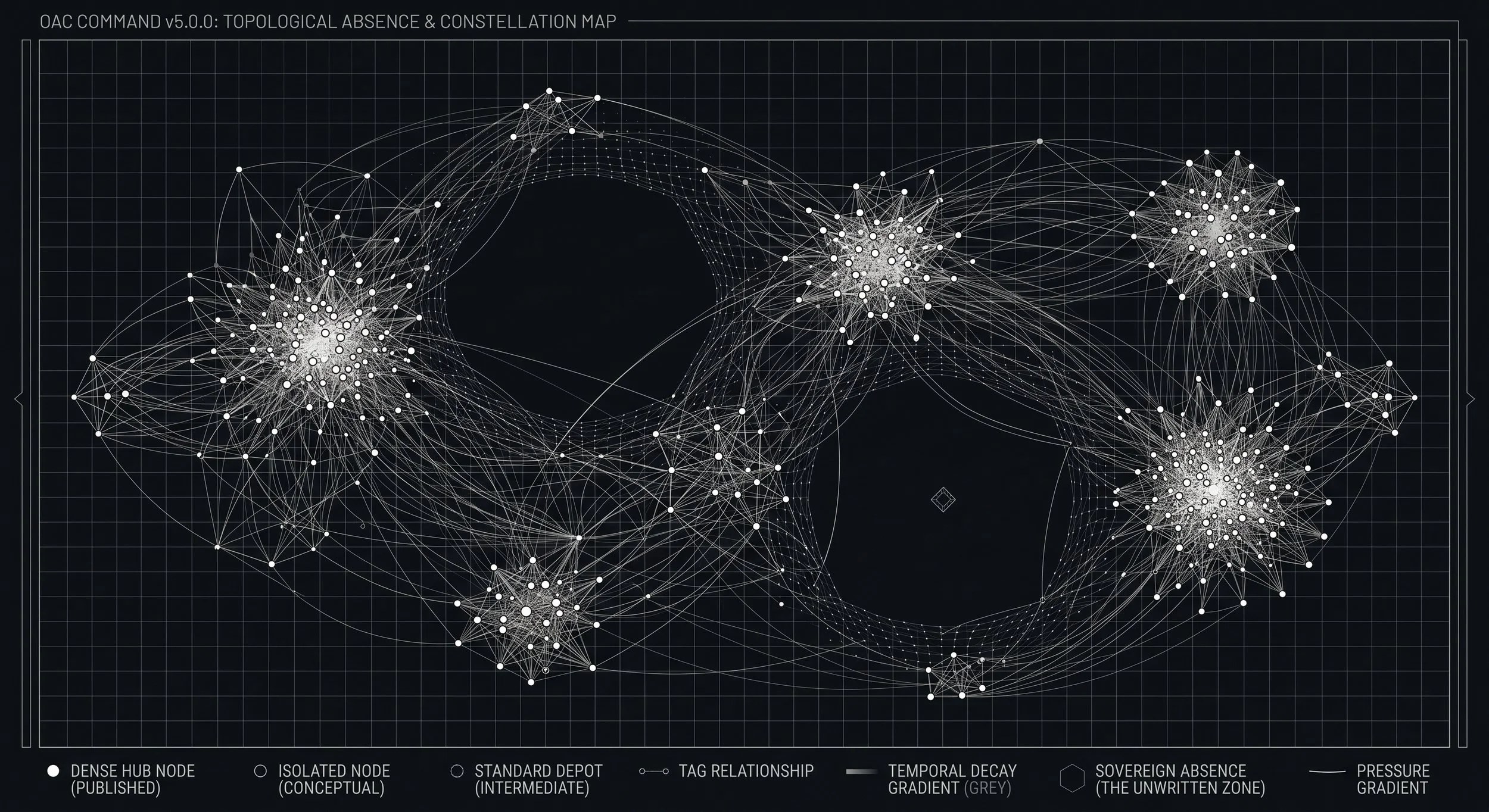 An abstract mathematical graph visualization on a structured dark grid. It shows a constellation-like network universe where numerous dense, tightly interrelated focal points of white nodes represent established narrative hubs and published studies.
