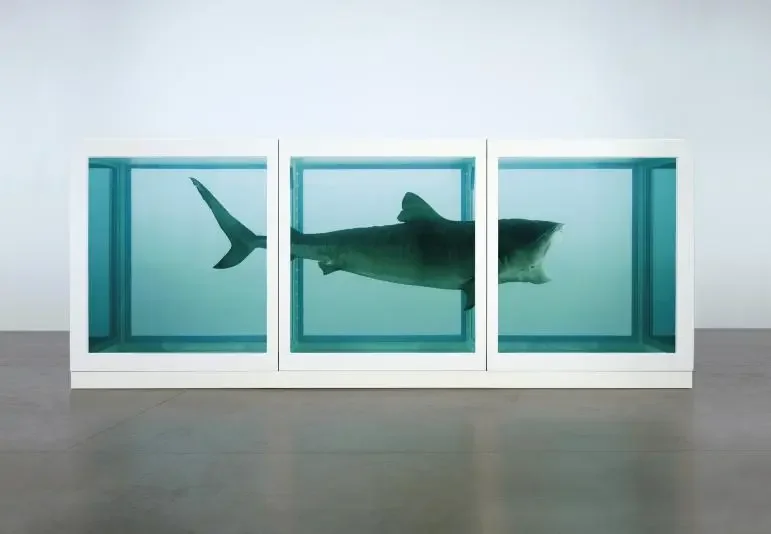 Damien Hirst's 'The Physical Impossibility of Death in the Mind of Someone Living,' featuring a tiger shark preserved in a glass tank of formaldehyde, illustrating 'bare art' and commodity status.