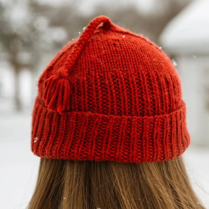 A close up back view of a person with long brown hair wearing a hand knit vibrant red wool hat with a long tassel known as the Melt the ICE hat standing in a snowy winter landscape in Minneapolis.