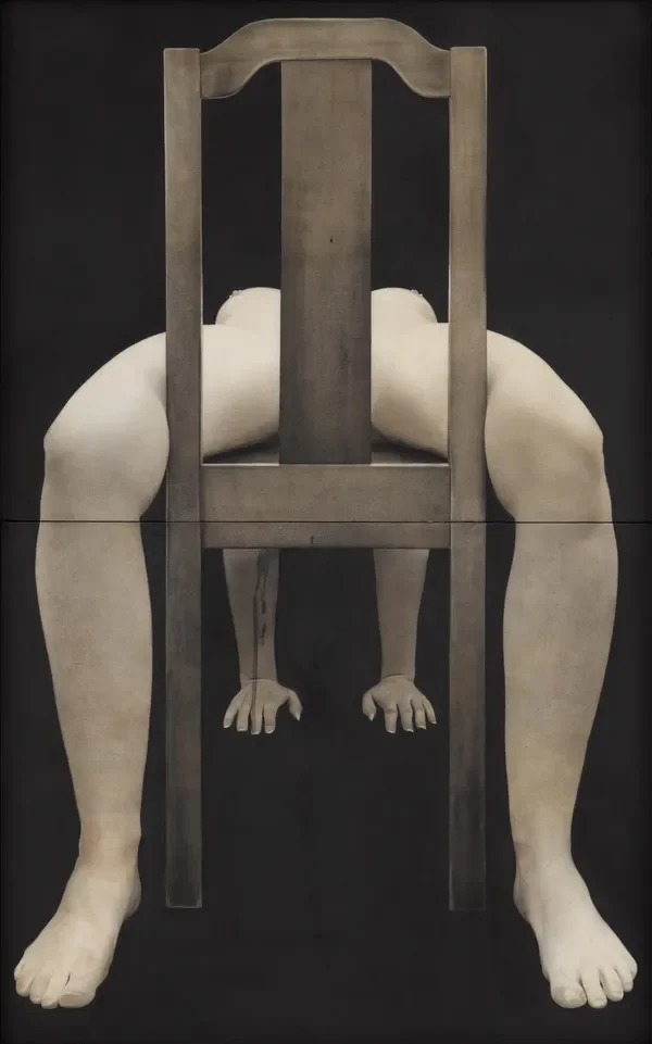 A vertical charcoal drawing of a wooden chair intersected by a pale, statuesque human figure against a dark, void-like background.