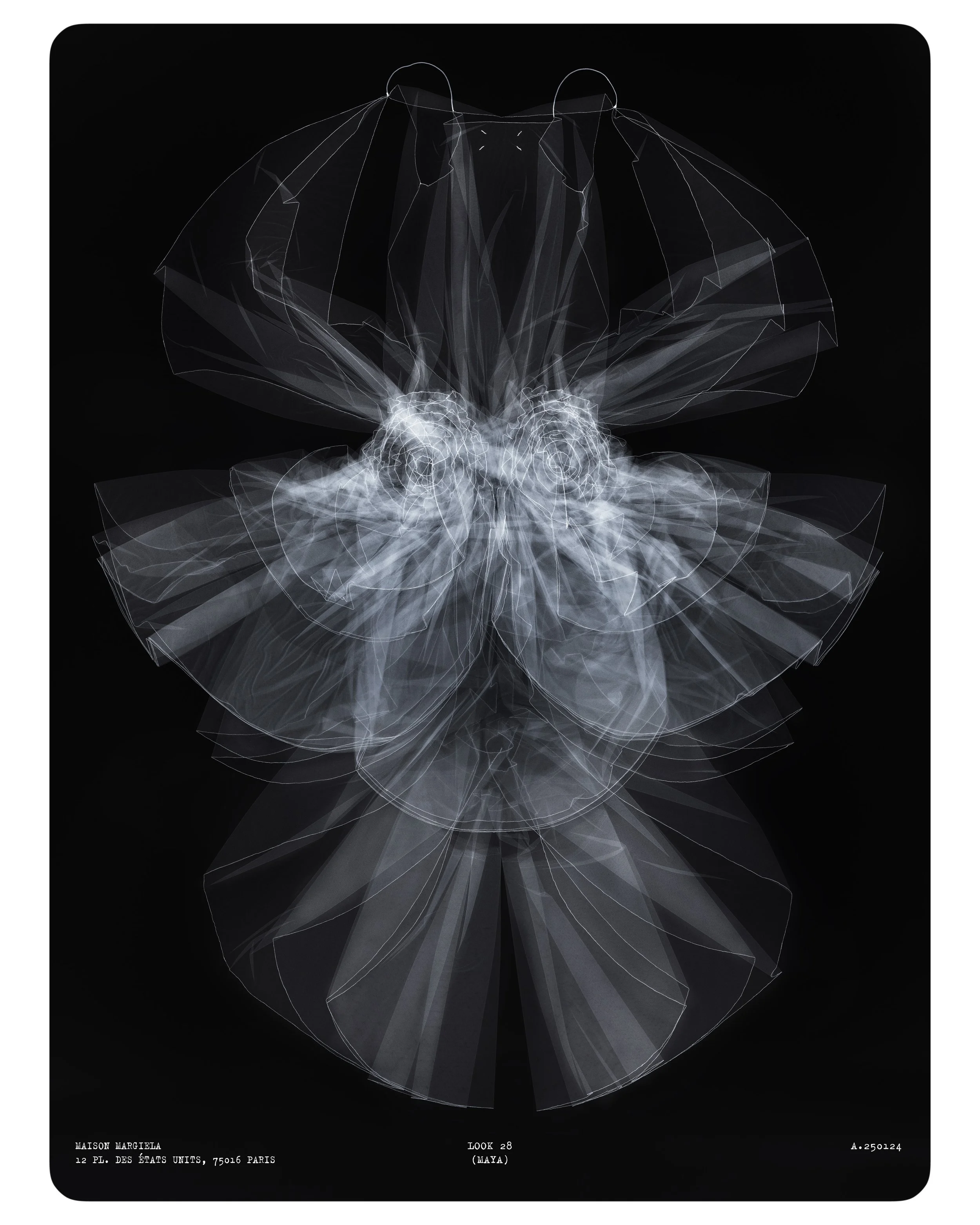 A detailed study of the 2024 Artisanal X-ray dress, showing the complex internal architecture and transparent layering that exposes the garment's structural anatomy.