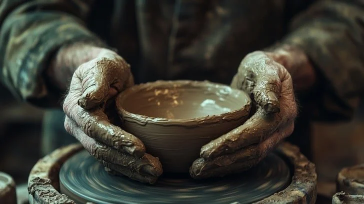 A cinematic close-up shot of a potter's hands, which are caked in wet clay, as they skillfully shape a small bowl on a spinning potter's wheel.