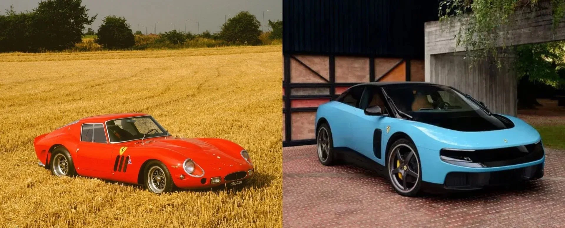 A side-by-side comparison image showing a vintage red 1960s Ferrari 250 GTO parked in a golden wheat field on the left, contrasted with the modern blue Ferrari Luce EV designed by LoveFrom parked on a brick driveway on the right.
