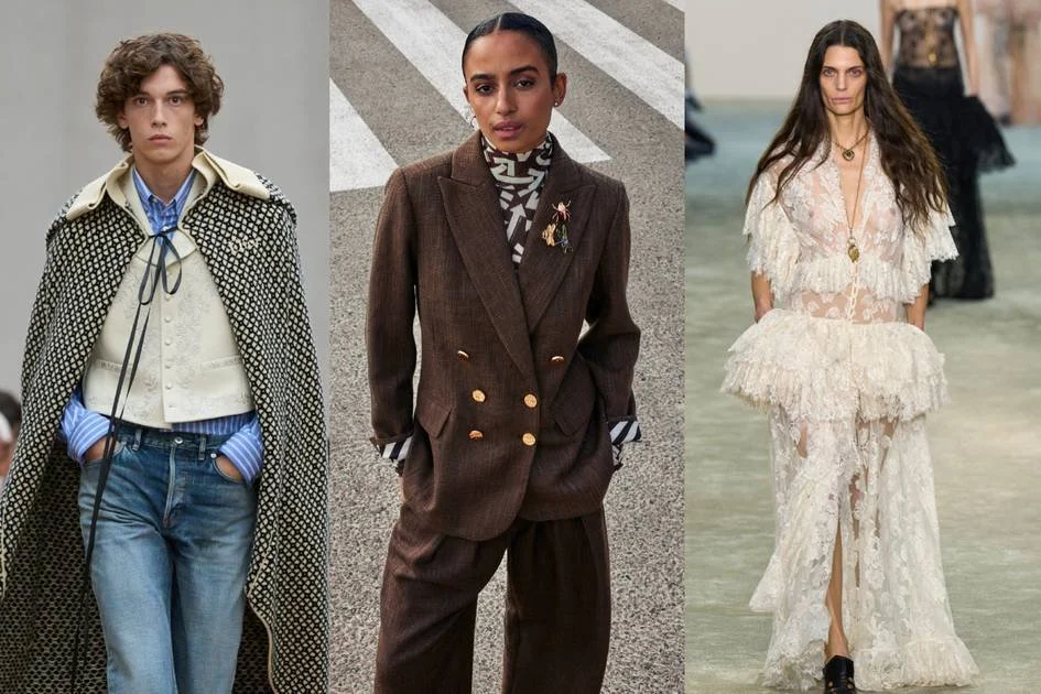 A triptych showing three distinct high-fashion looks: a patterned cape (Dior Men SS26), a brown double-breasted suit (Pom x Claes Iversen), and an intricate white lace tiered dress (Chloe FW25), illustrating the 'PoetCore' aesthetic.