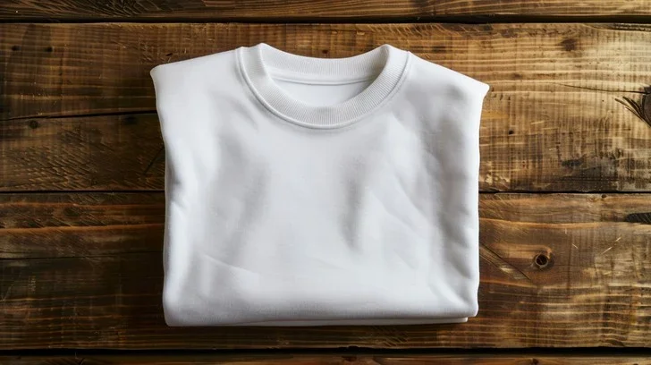 A top-down studio shot of a cleanly folded, pristine white crewneck cotton t-shirt isolated on a rustic brown wooden plank surface.