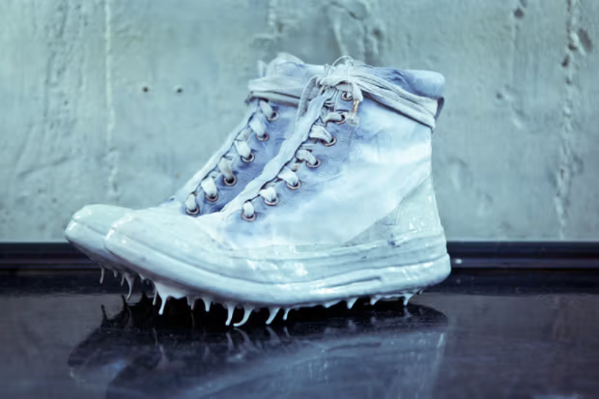A pair of Carol Christian Poell's object-dyed, no-seam drip-rubber sneakers, showing the signature ephemeral latex drips hanging from the soles.