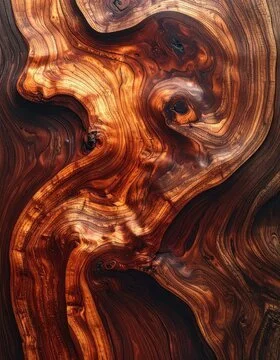 Macro photography of a walnut burl grain showing intricate, non-repeatable patterns and textures used in Curated Calm interior design.
