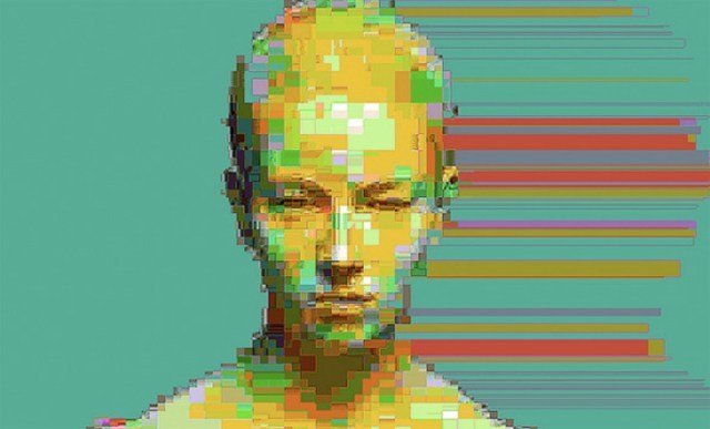 An abstract, pixelated, and distorted portrait, representing the conceptual AI art of artists like Mario Klingemann, who use algorithms to generate fleeting, "un-smooth" digital images.