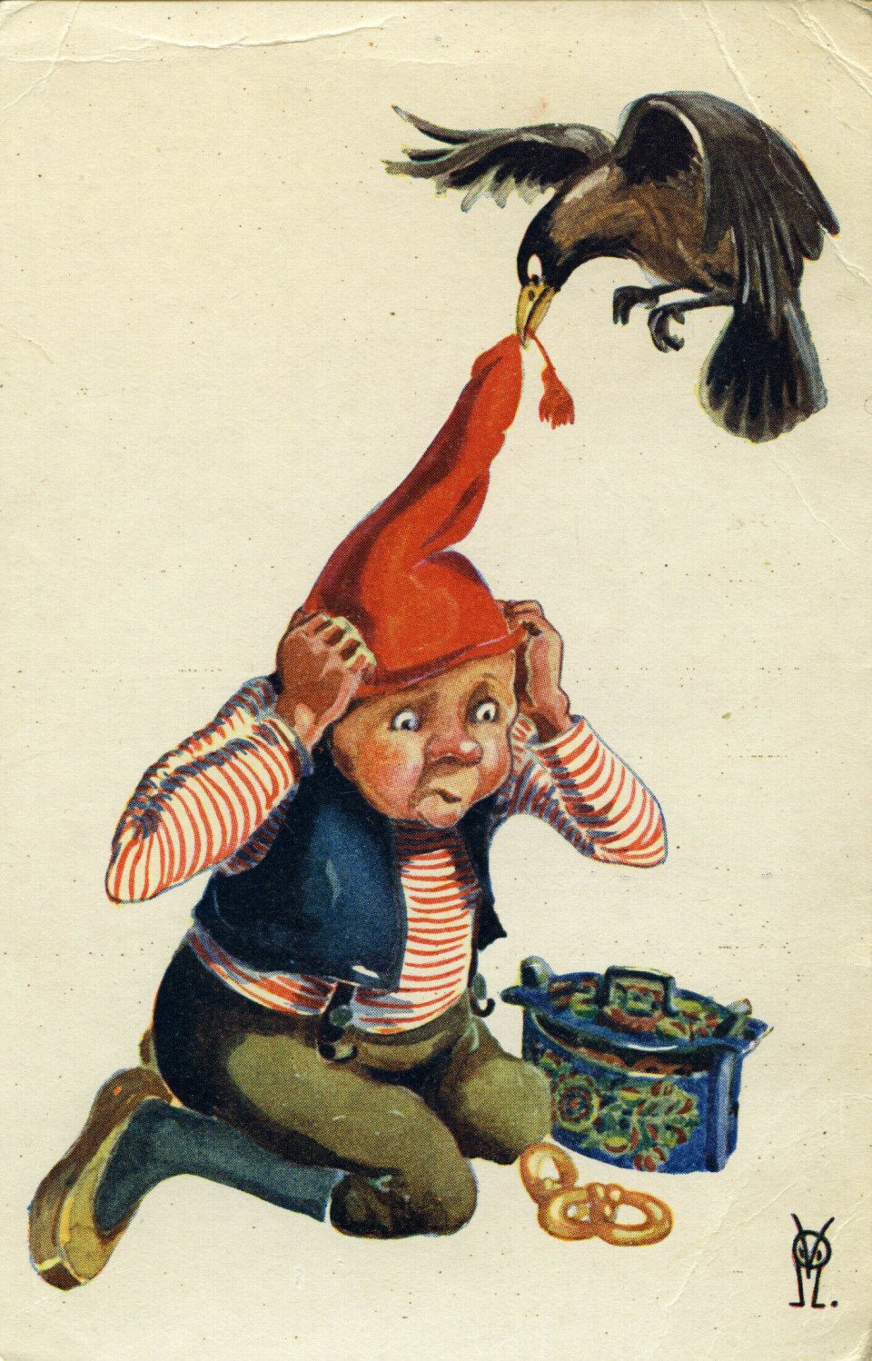 A vintage illustration of a Norwegian nisse or Christmas gnome in a red hat being harassed by a black crow, a symbolic depiction of the Nazi occupation's attempt to suppress Norwegian national symbols.