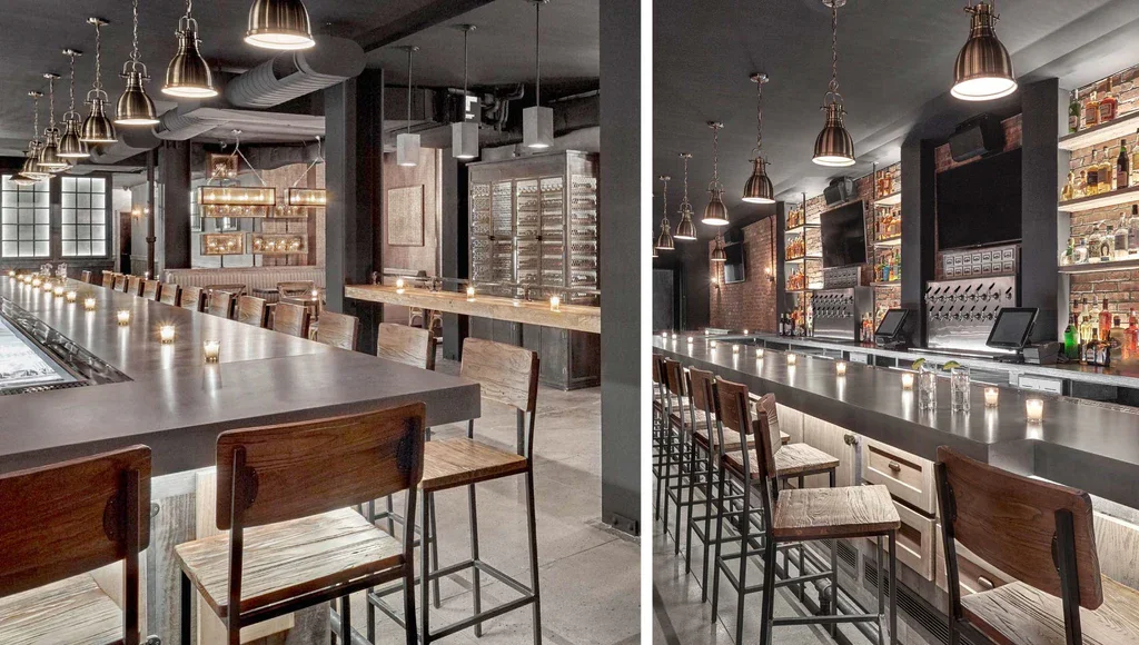A minimalist hospitality interior featuring textured, raw concrete-veneer surfaces, showcasing the aestheticized, stripped-back atmosphere used in modern retail and hotel design.