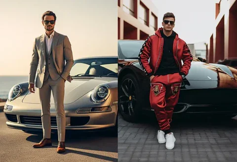 A split image contrasting two men and luxury cars: one in a subtle, well-tailored beige suit beside a classic silver Porsche (stealth wealth), and another in a bold red tracksuit with prominent branding next to a black sports car (nouveau riche).