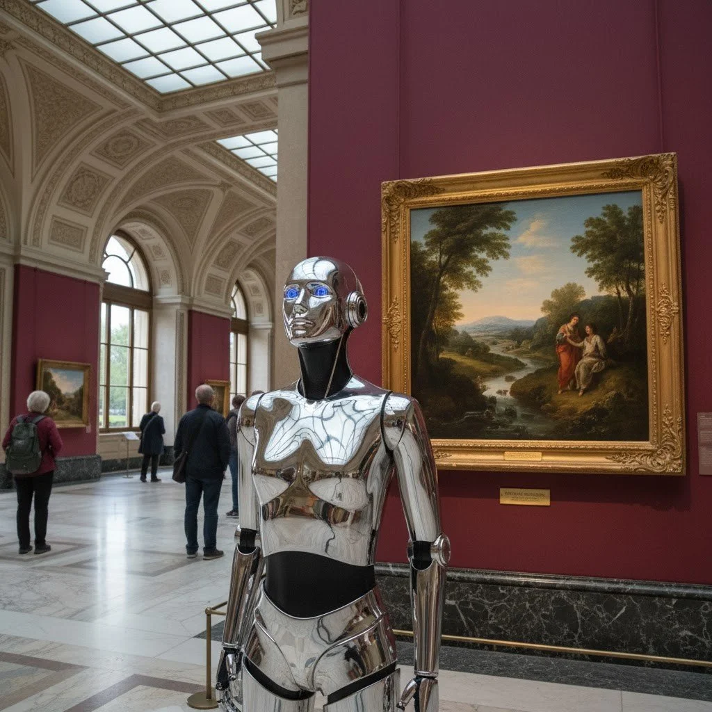 A highly polished, chrome robot stands in a classic art museum gallery, looking forward with glowing blue eyes, while a traditional, gold-framed painting of a landscape hangs on the wall, illustrating AI's inability to emotionally connect with art.