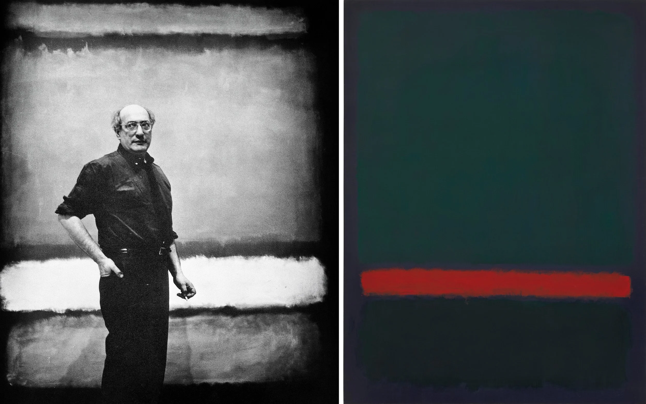 A diptych featuring a black and white archival portrait of artist Mark Rothko standing in front of an abstract canvas on the left, paired with a full view of his 1964 color field painting No. 15 featuring dark green blocks separated buy a vibrant red