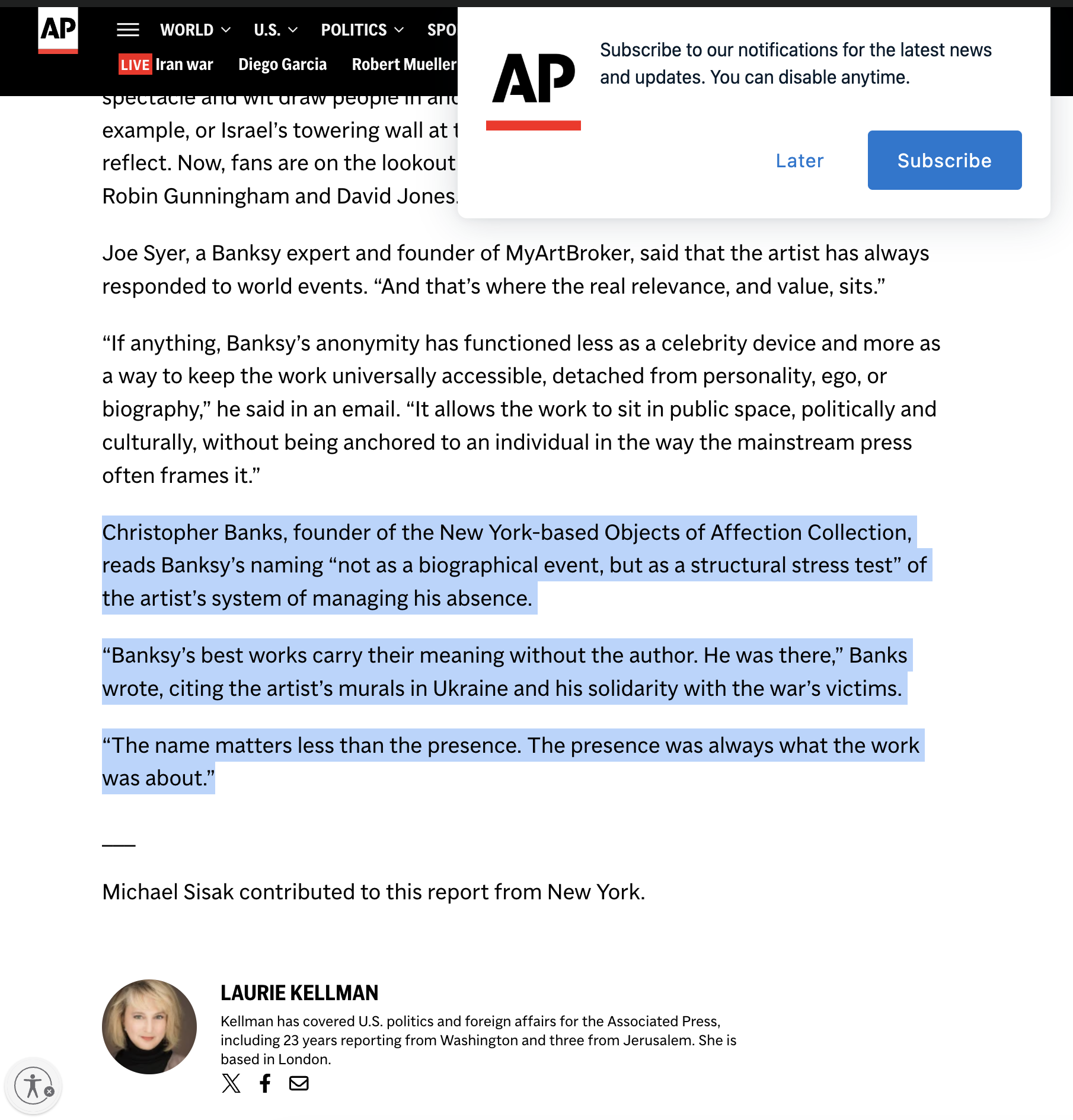 Screenshot of the Associated Press global report by Laurie Kellman citing Christopher Banks and the Objects of Affection Collection regarding Banksy's unmasking.