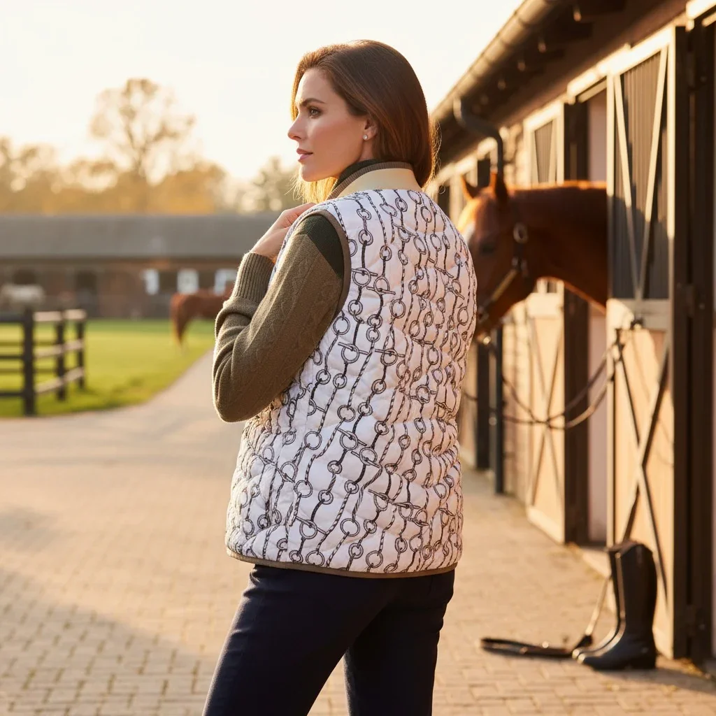A woman stands at an equestrian stable facing away from the camera, wearing an Hermès Fall-Winter 2026 white quilted gilet vest patterned with a black geometric interlocking horse bit and rope design inspired by A.M. Cassandre's Perspective motif.