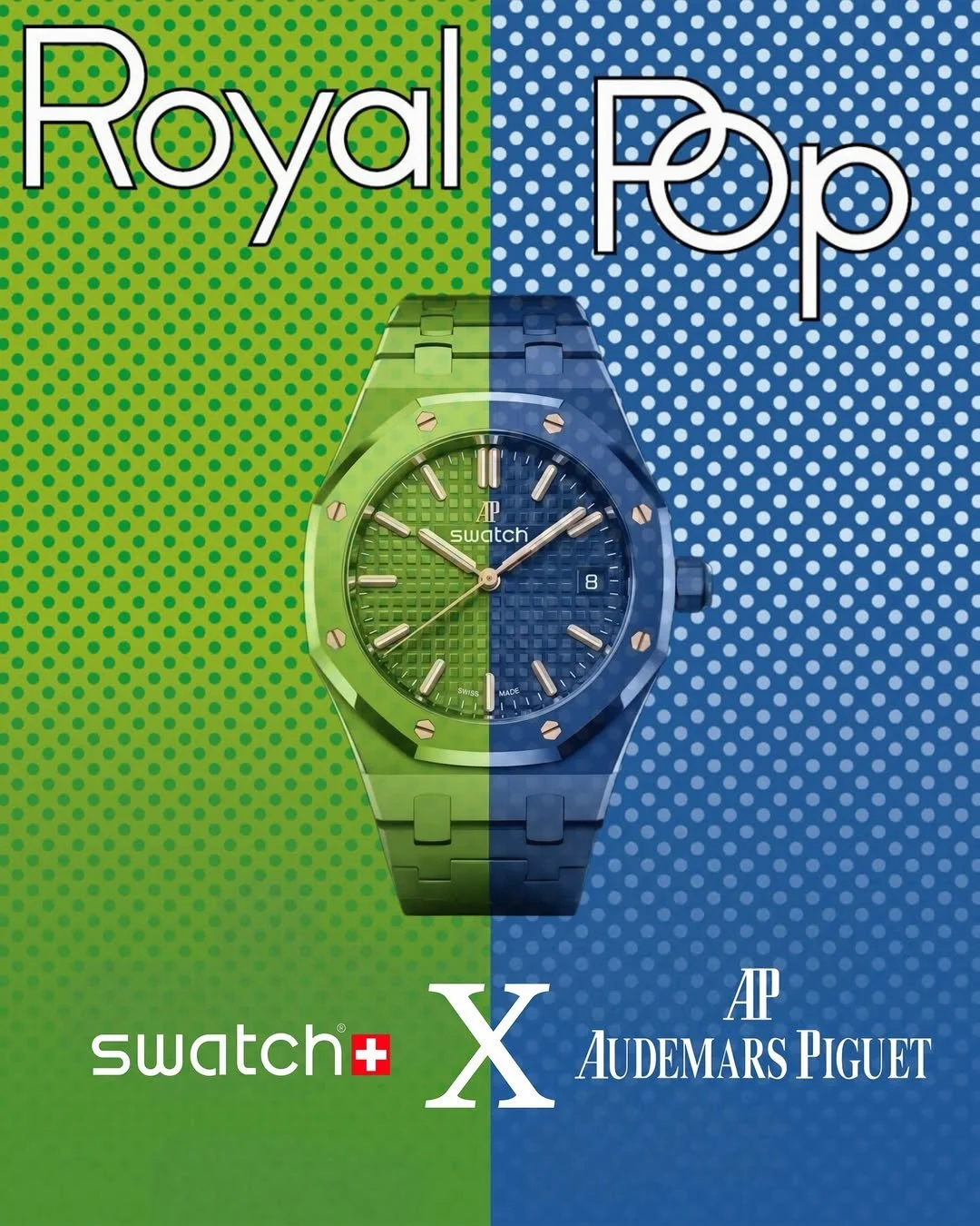 A promotional graphic for the Audemars Piguet and Swatch Royal Pop collaboration, featuring an octagonal Royal Oak silhouette split between green and blue with a pop art dot background.