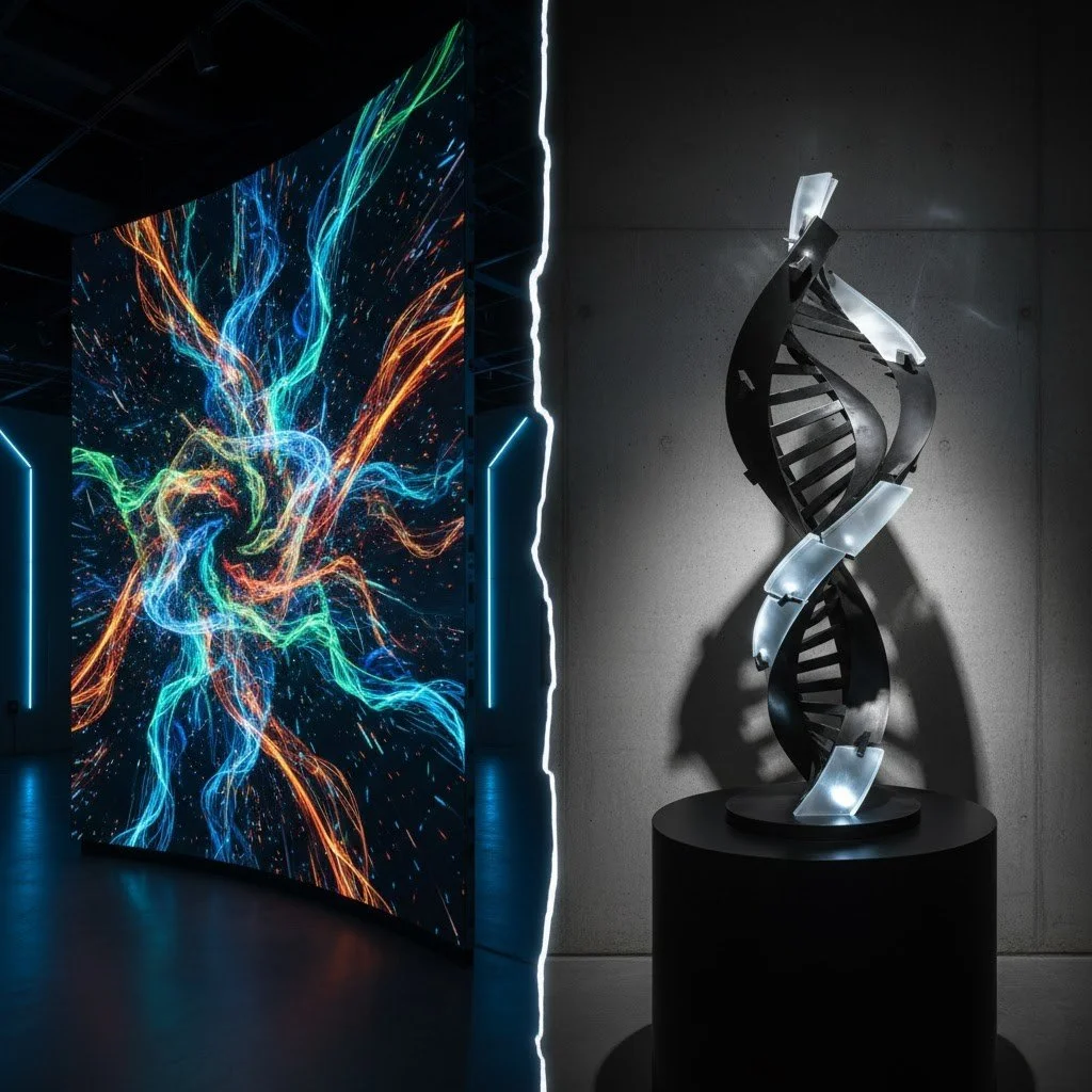 A diptych contrasting the "Curated Algorithm" and the "One Original": the left shows a large, curved digital screen with glowing abstract algorithmic art, while the right shows a physical, haptic sculpture of a double helix on a pedestal.