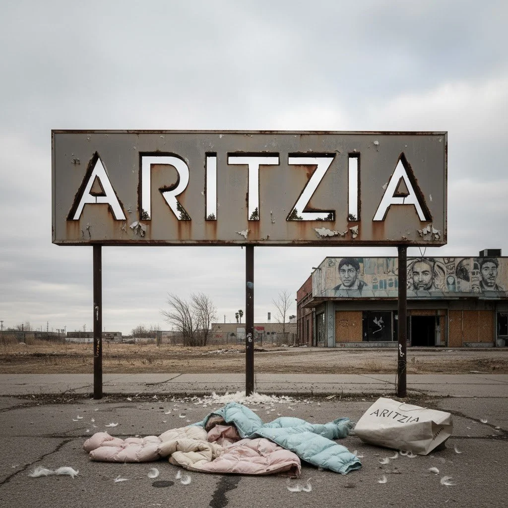 Conceptual image of a rusted, abandoned Aritzia sign with a deflated Super Puff jacket on the ground, symbolizing the brand's devaluation in the hyperreal condition.