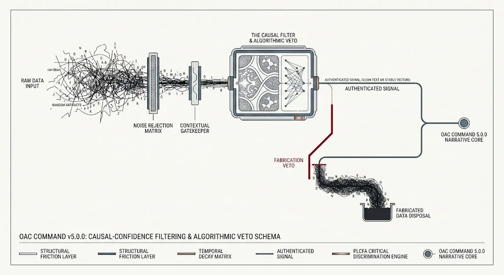 A minimalist, technical architectural schematic illustrating the data integrity process within OAC Command v5.
