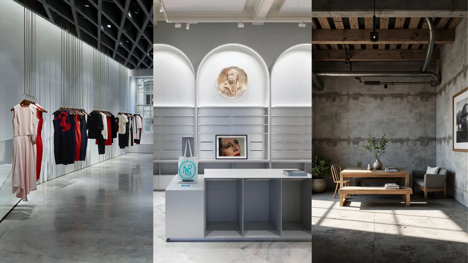 A three-panel triptych illustrating the Meaning Deficit: a sterile luxury fashion boutique with suspended garments, a gallery space featuring distorted portraiture, and a brutalist living space with raw concrete and natural wood.