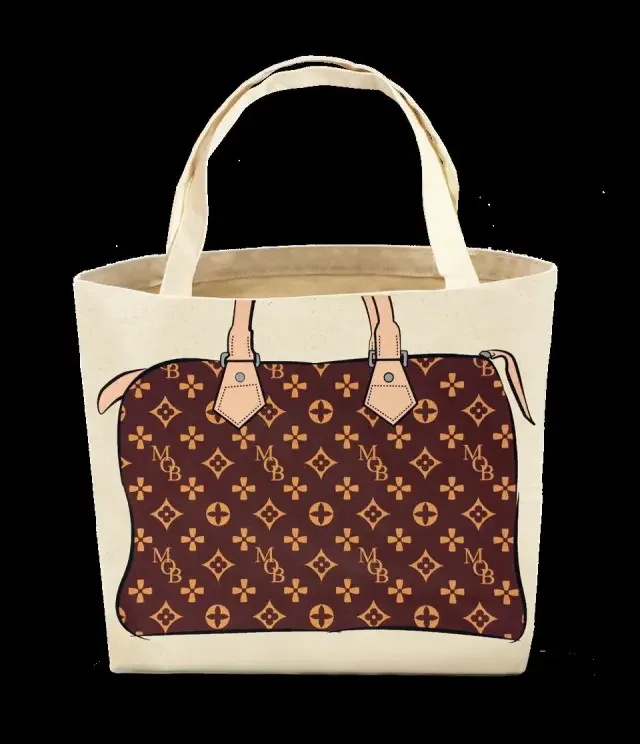 The "My Other Bag" canvas tote bag that was the subject of a lawsuit, showing a cartoon-like drawing of a Louis Vuitton-style monogrammed bag.