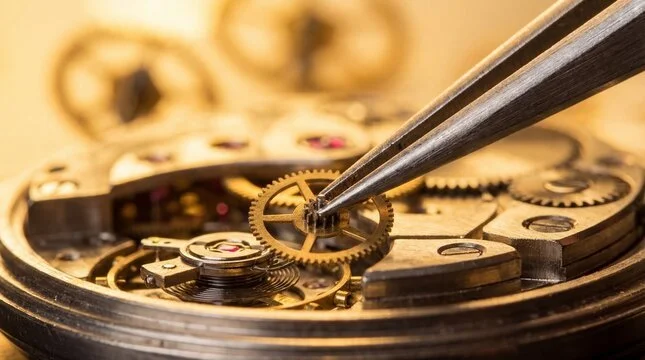 A close-up shot of an artisan using precision brass and steel tools to service the intricate gold internal movement of a mechanical luxury watch, representing the deep materiality and the cost of intention in the PLCFA framework.