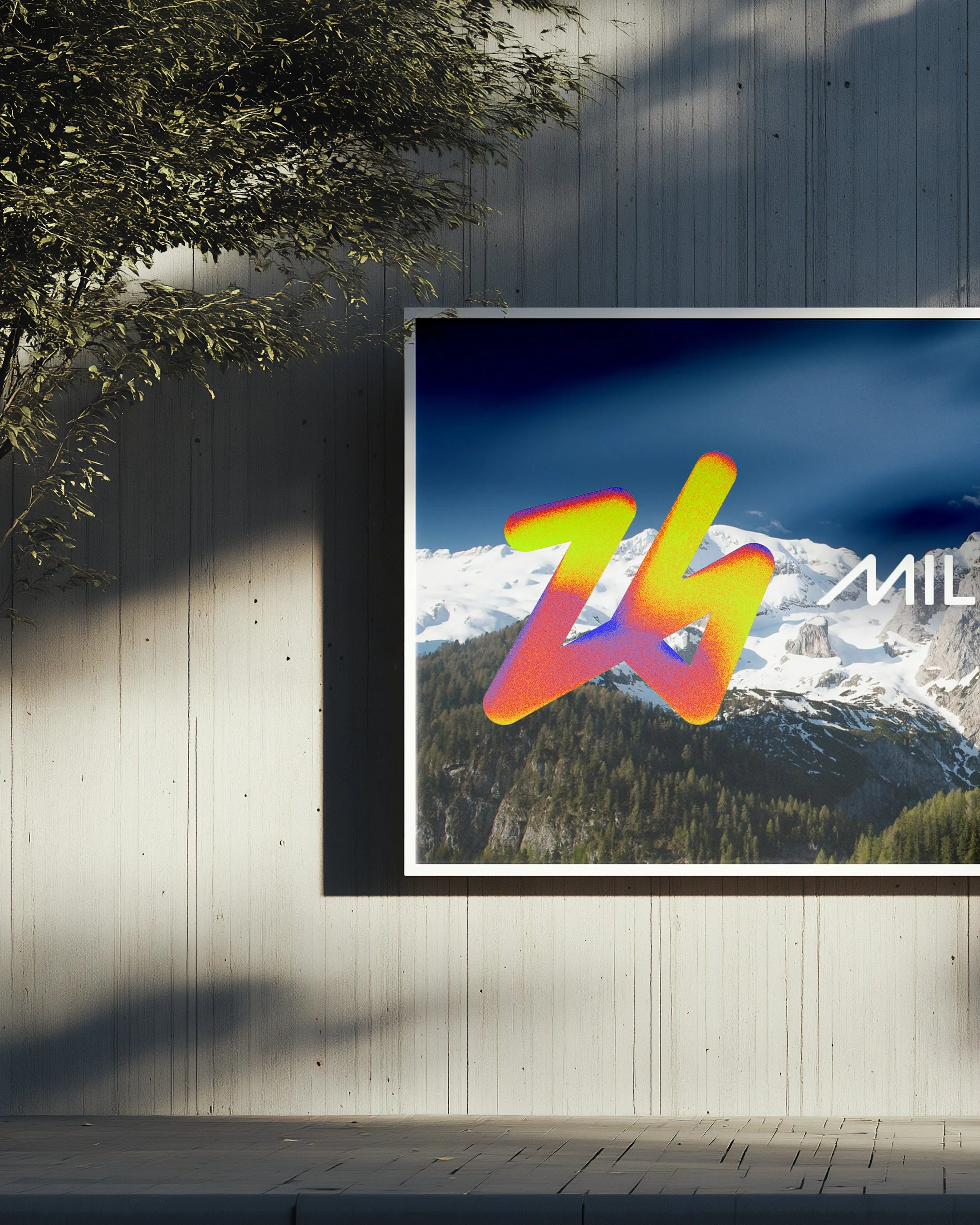 A presentation slide with a white background and red geometric accents, displaying information about a rebranding project for a graphic chart, with a footer featuring images of race car drivers and race results.