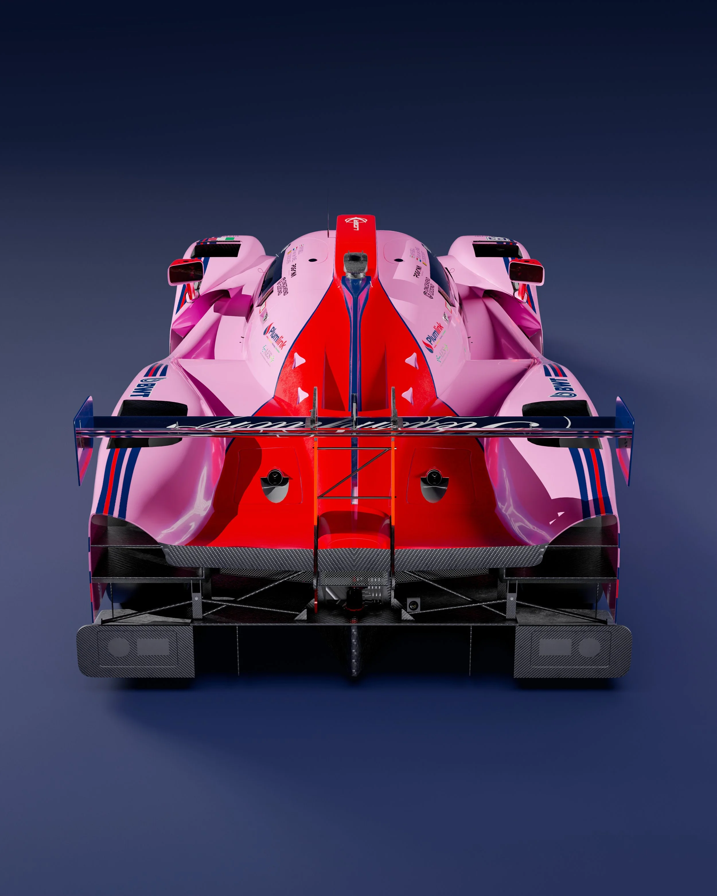 Front view of a Porsche Formula 1 race car on a dark, textured surface, highlighting the sleek aerodynamic design.