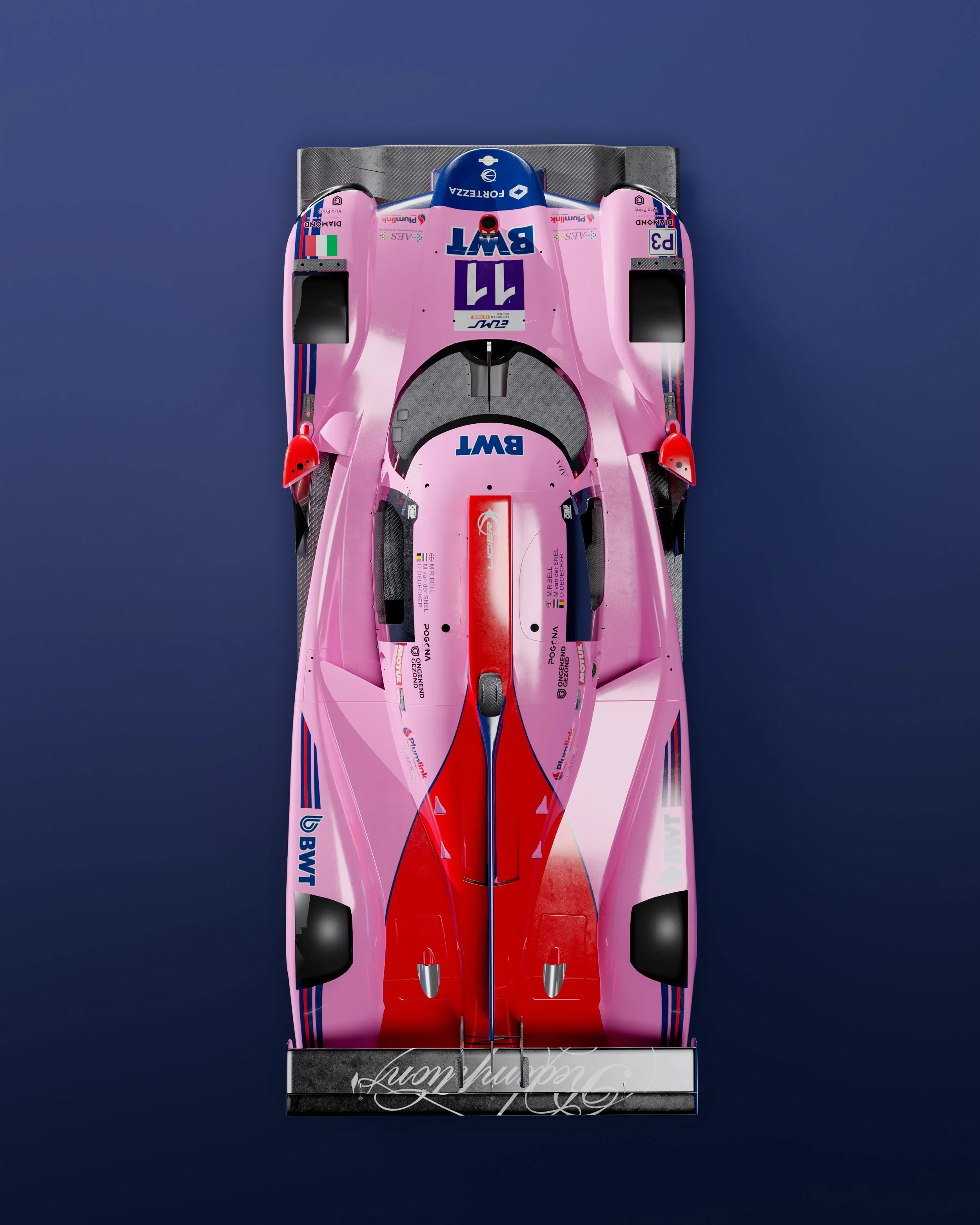 Top view of a Formula 1 race car with sponsorship logos.