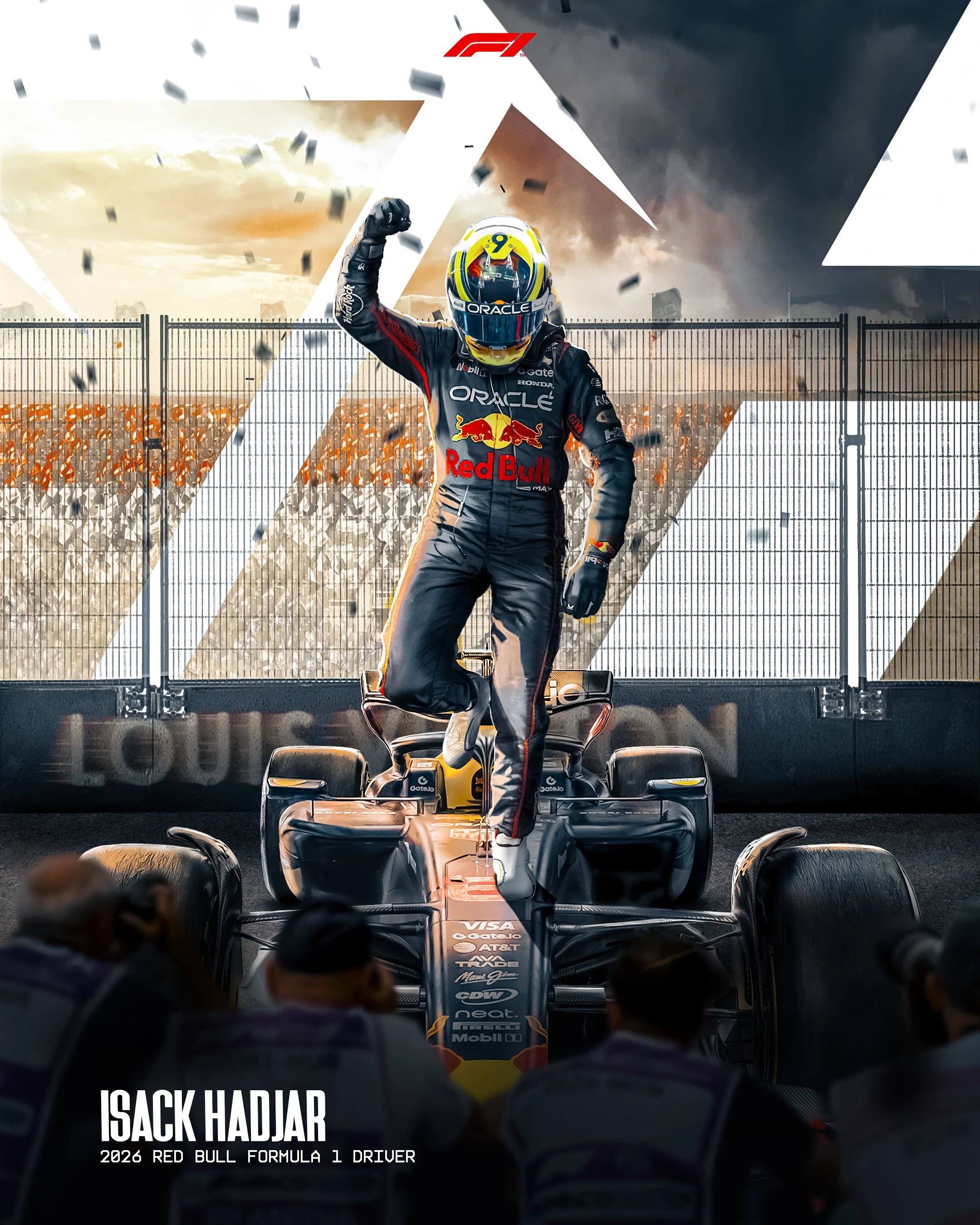 Formula 1 driver Isaack Hadjar in Red Bull Racing attire standing on his race car with one foot, celebrating victory with confetti, in front of a crowd and a stormy sky.