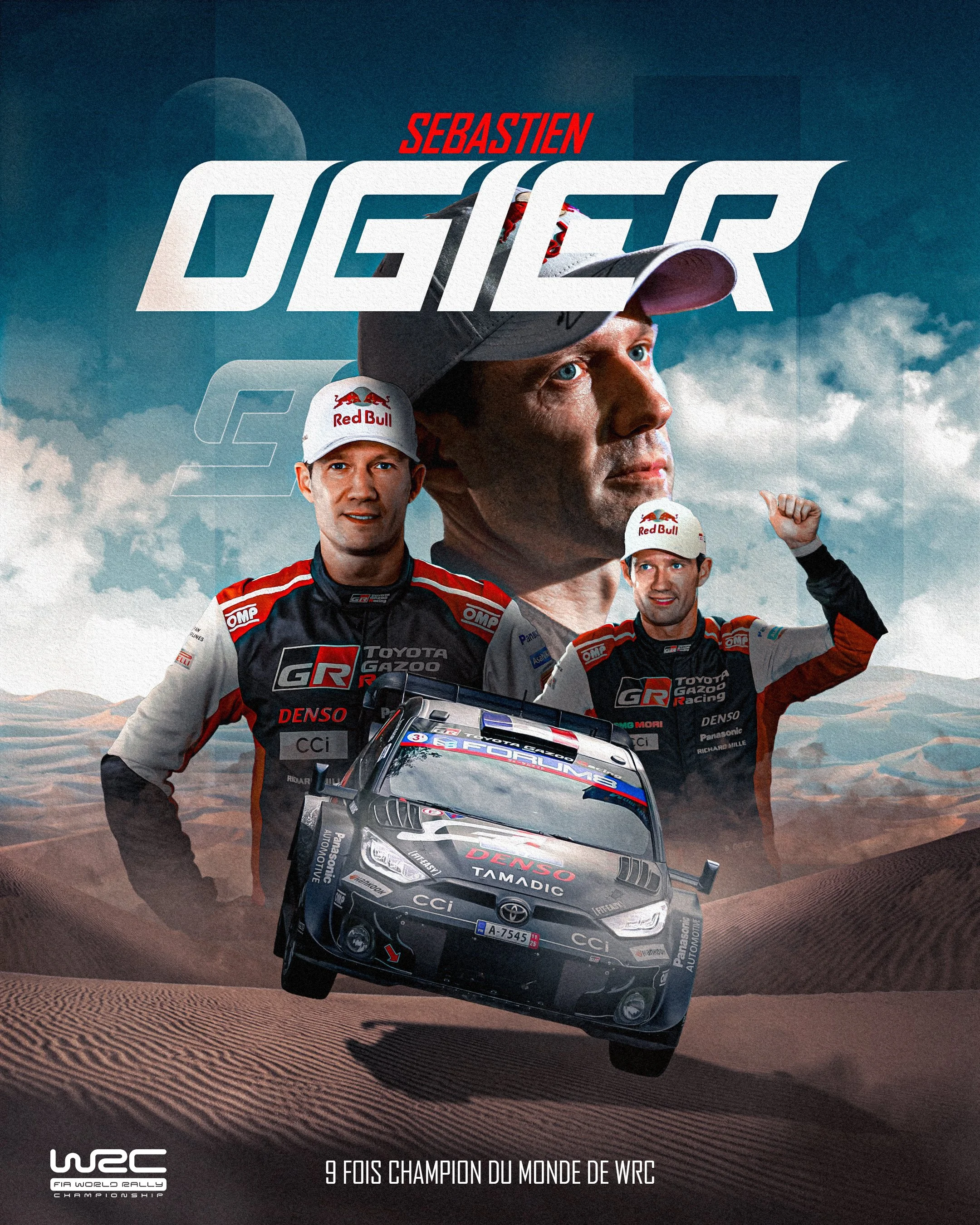 Poster of rally driver Sebastien Ogier with images of him in racing suit and a rally car, set against desert landscape with mountains and clouds, noting nine-time WRC champion.