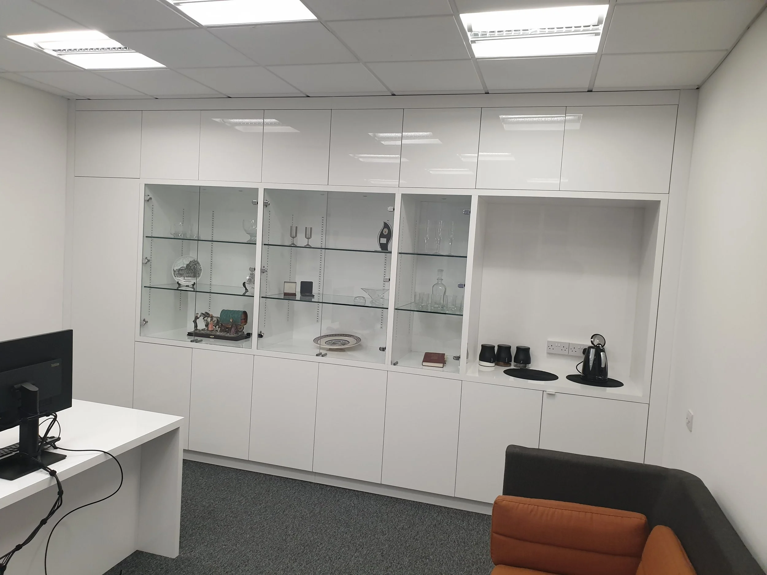 Custom office joinery in Basildon – bespoke fitted cabinets, display units and commercial interior by Stelco Interiors